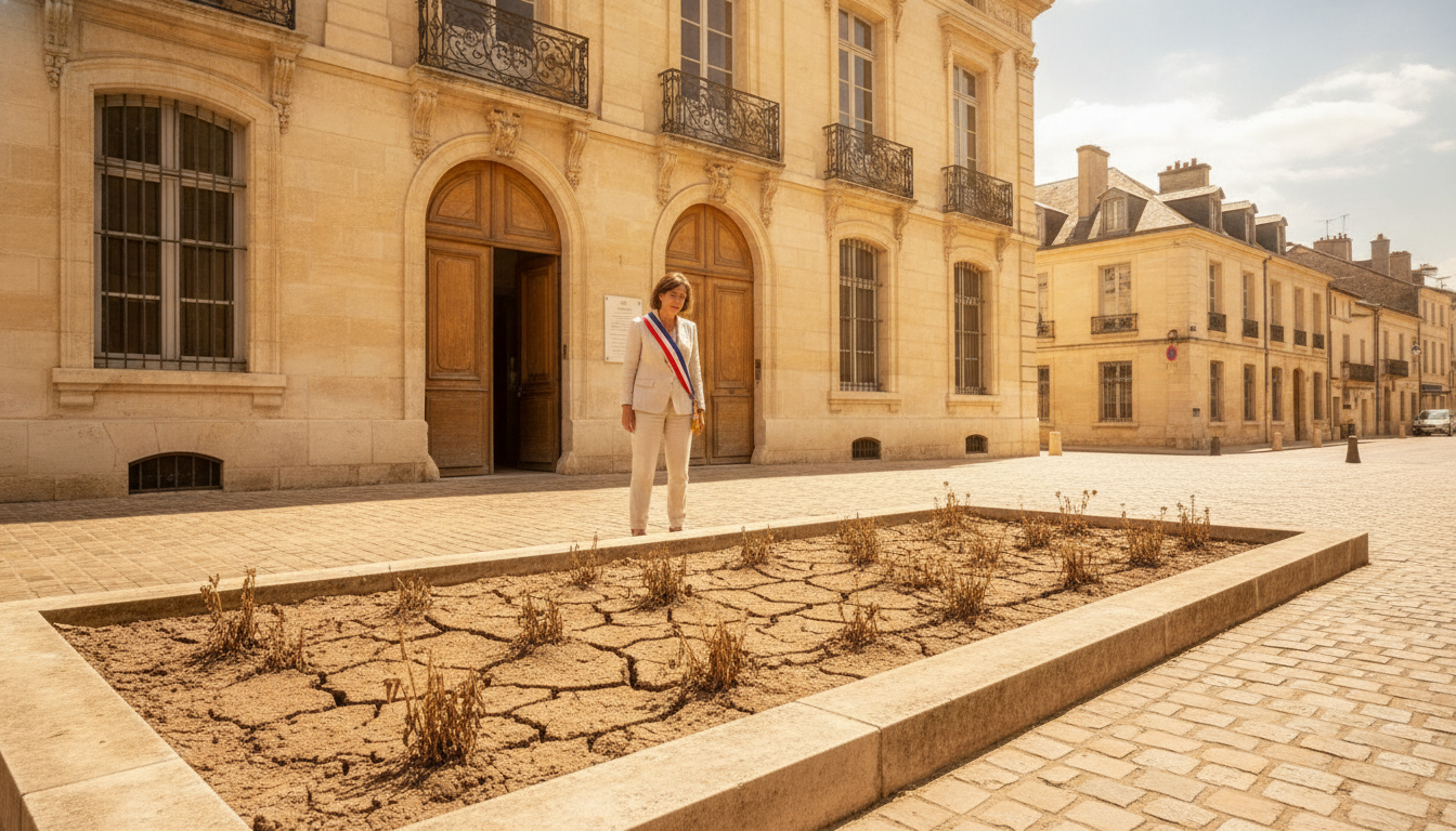 Élue locale devant une mairie en pleine canicule