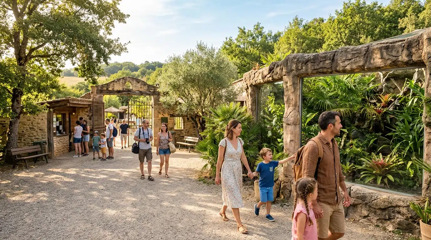 Entrée d'un zoo familial par une journée ensoleillée