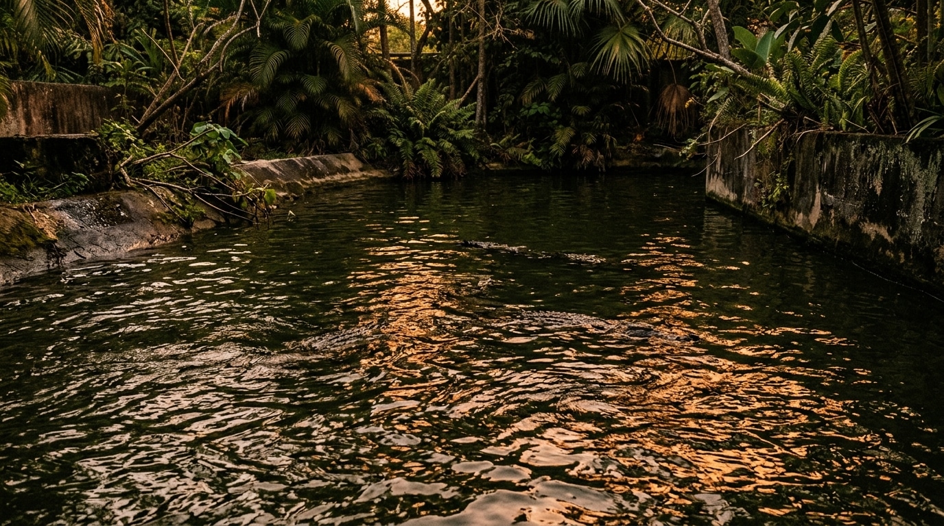 Enclos à crocodiles avec eau sombre dans un zoo