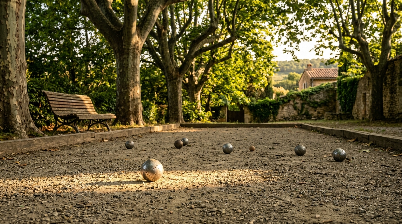 Terrain de pétanque sous les platanes avec boules abandonnées