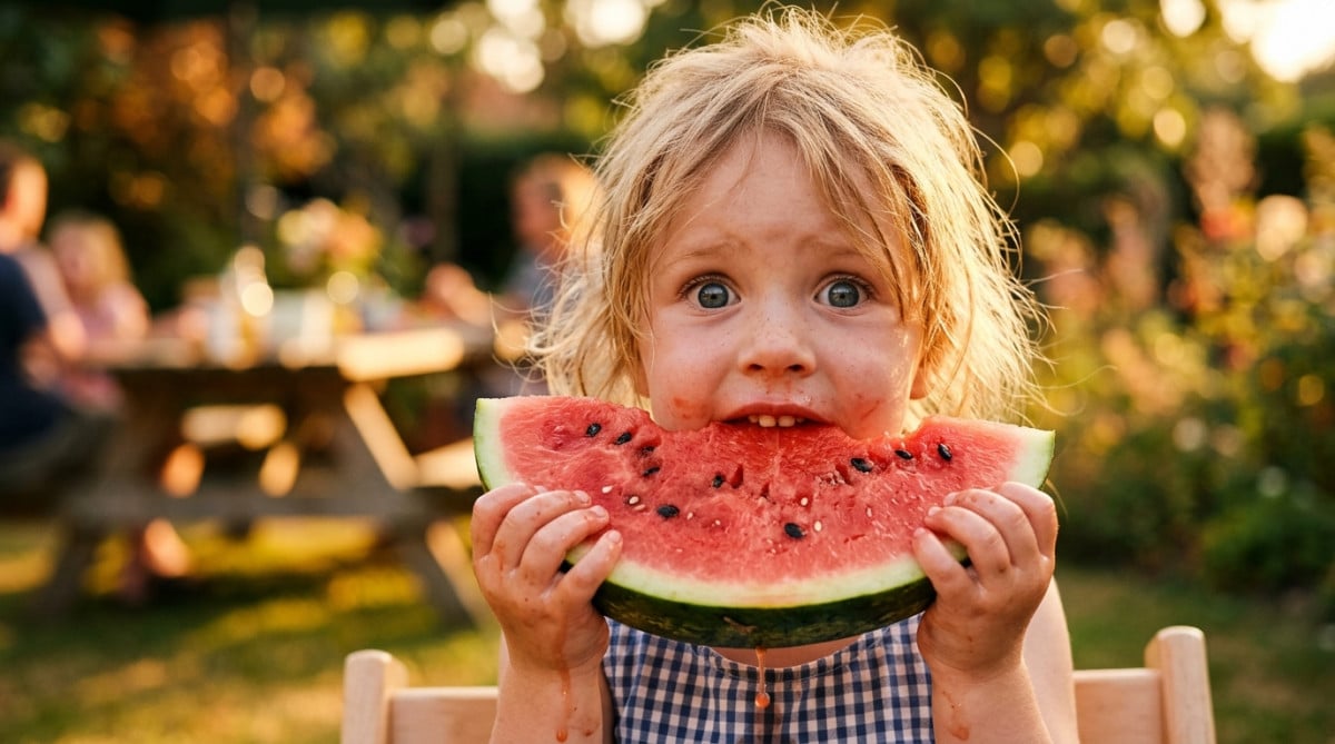 Enfant mangeant une tranche de pastèque avec pépins