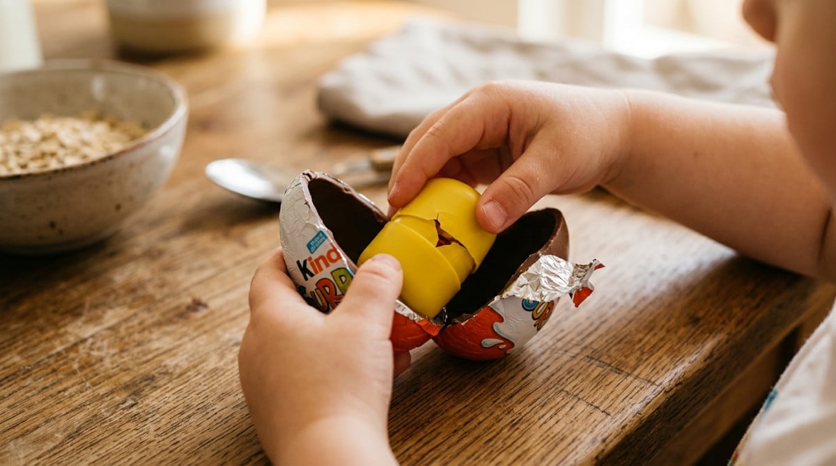Enfant ouvrant un œuf Kinder Surprise sur une table