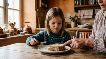 Enfant regardant une croûte de pain à table