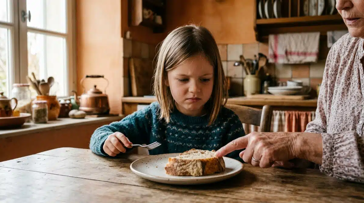 Enfant regardant une croûte de pain à table