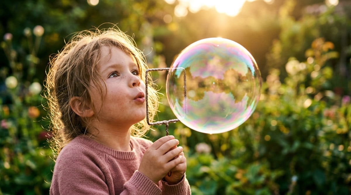 Enfant soufflant une bulle ronde à travers un cadre carré