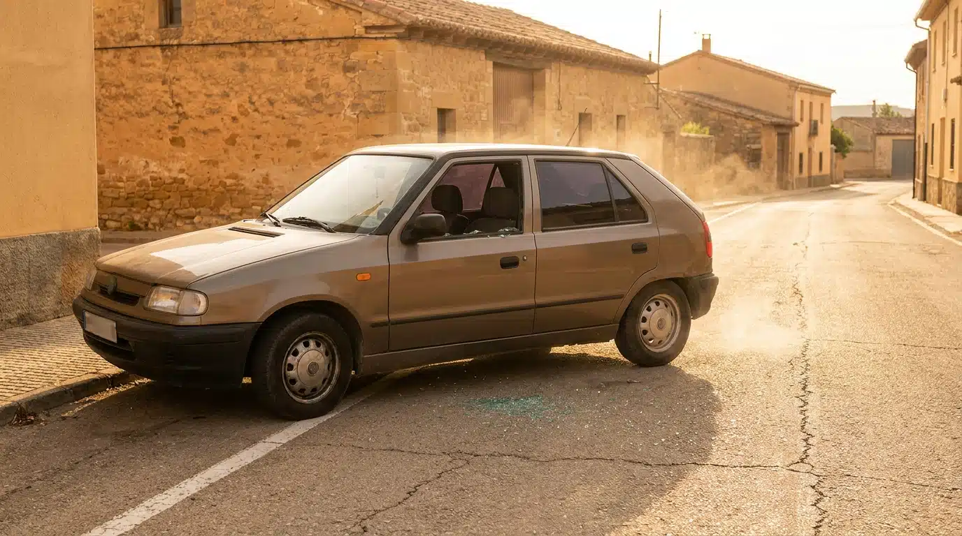 Voiture garée au soleil avec vitre brisée en pleine rue