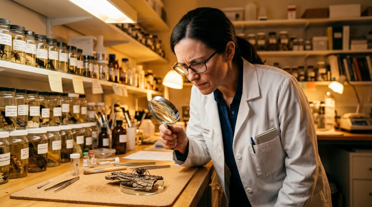 Entomologiste examinant une araignée en laboratoire
