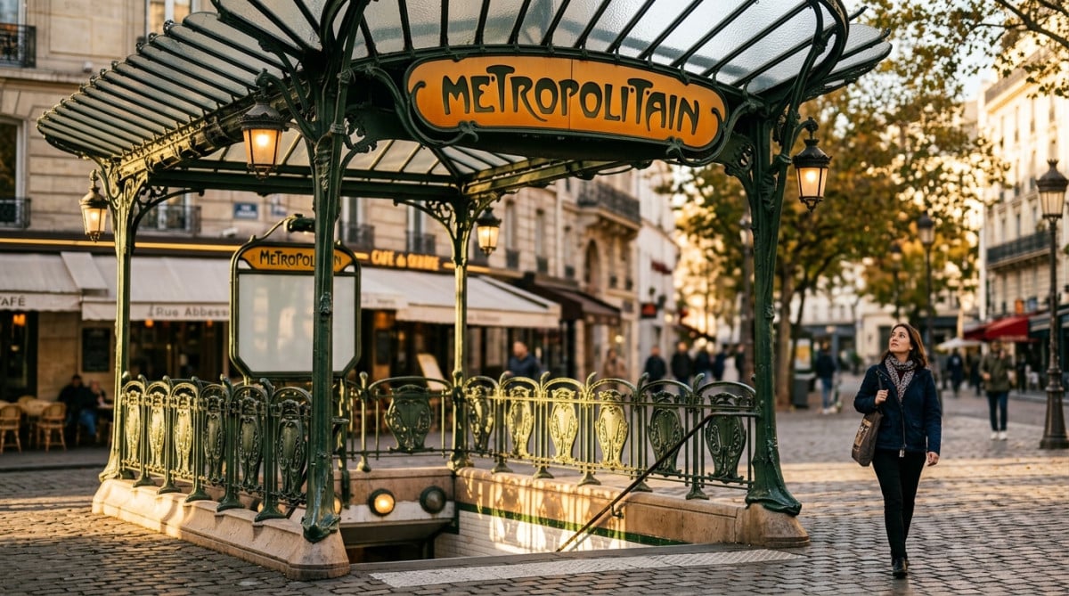 Entrée Art nouveau du métro parisien avec inscription Métropolitain