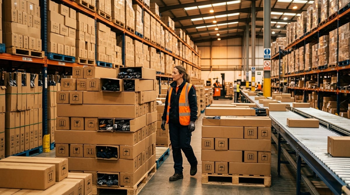 Entrepôt de distribution avec cartons de parapluies empilés