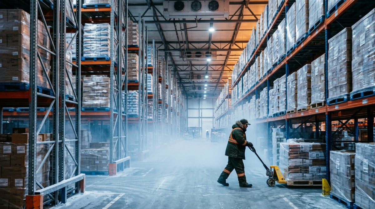 Entrepôt réfrigéré pour produits surgelés avec ouvrier