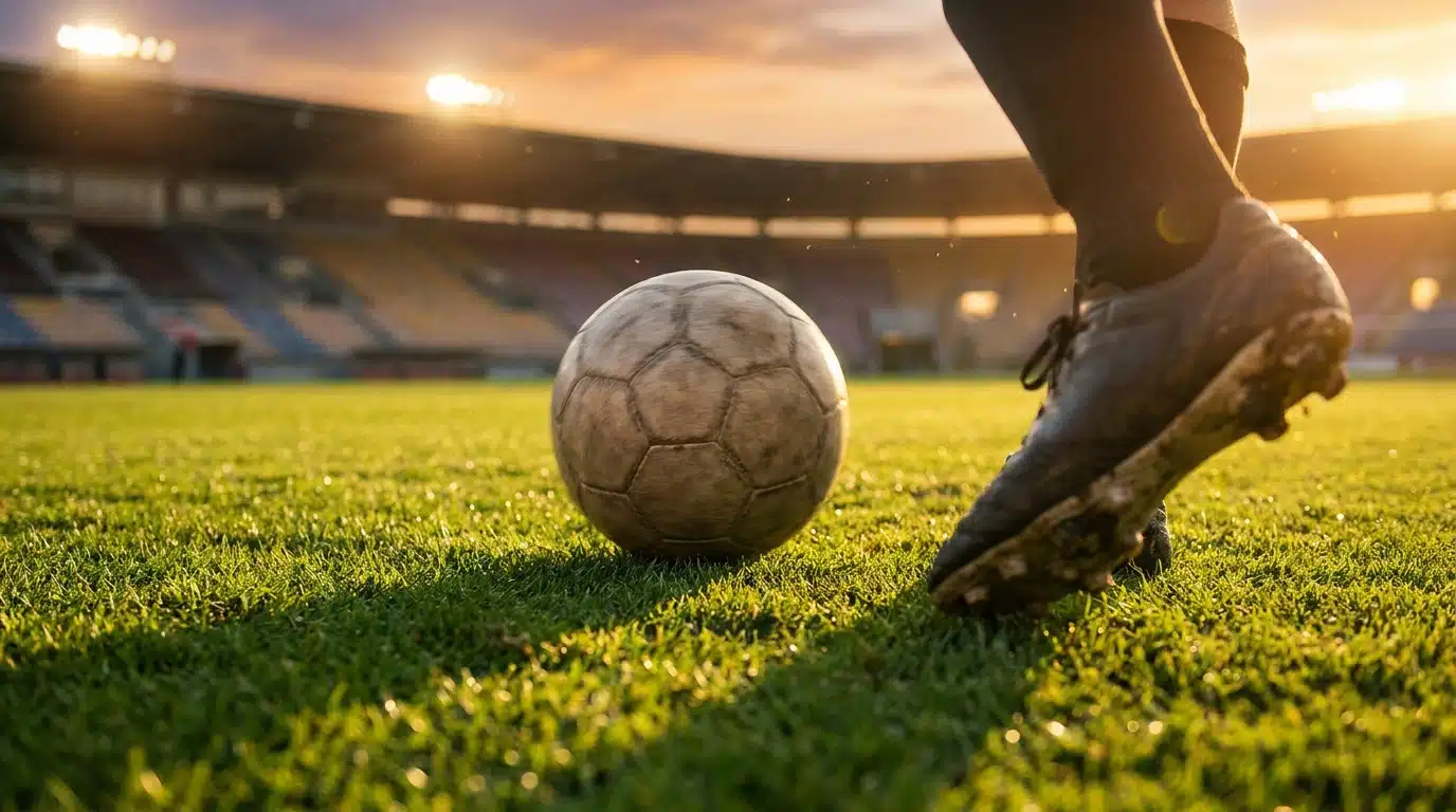 Ballon de football échappant au pied d'un joueur sur la pelouse