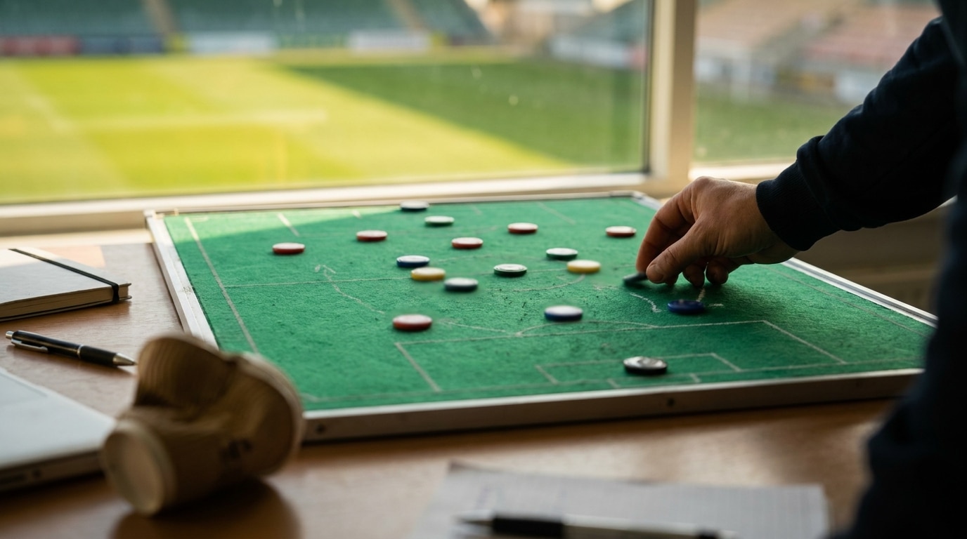 Tableau tactique de football avec pions sur un bureau d'entraîneur