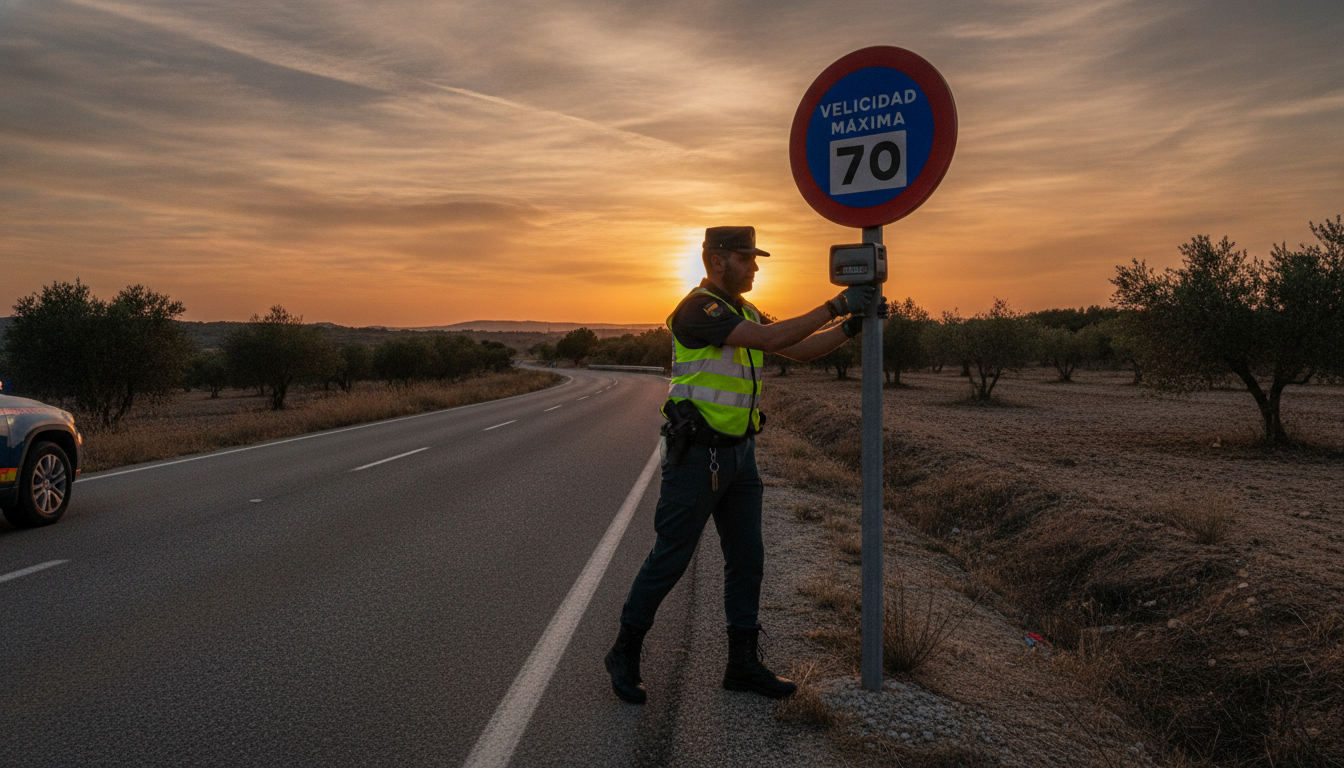 Agent espagnol installant un radar Velolaser sur un panneau routier