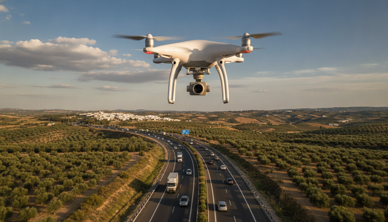 Drone de surveillance survolant une autoroute espagnole
