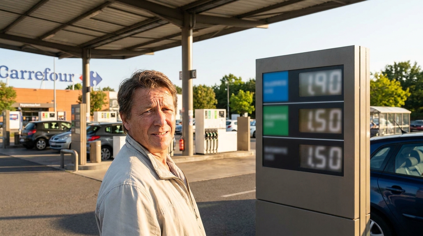 Automobiliste regardant les prix du carburant en station-service