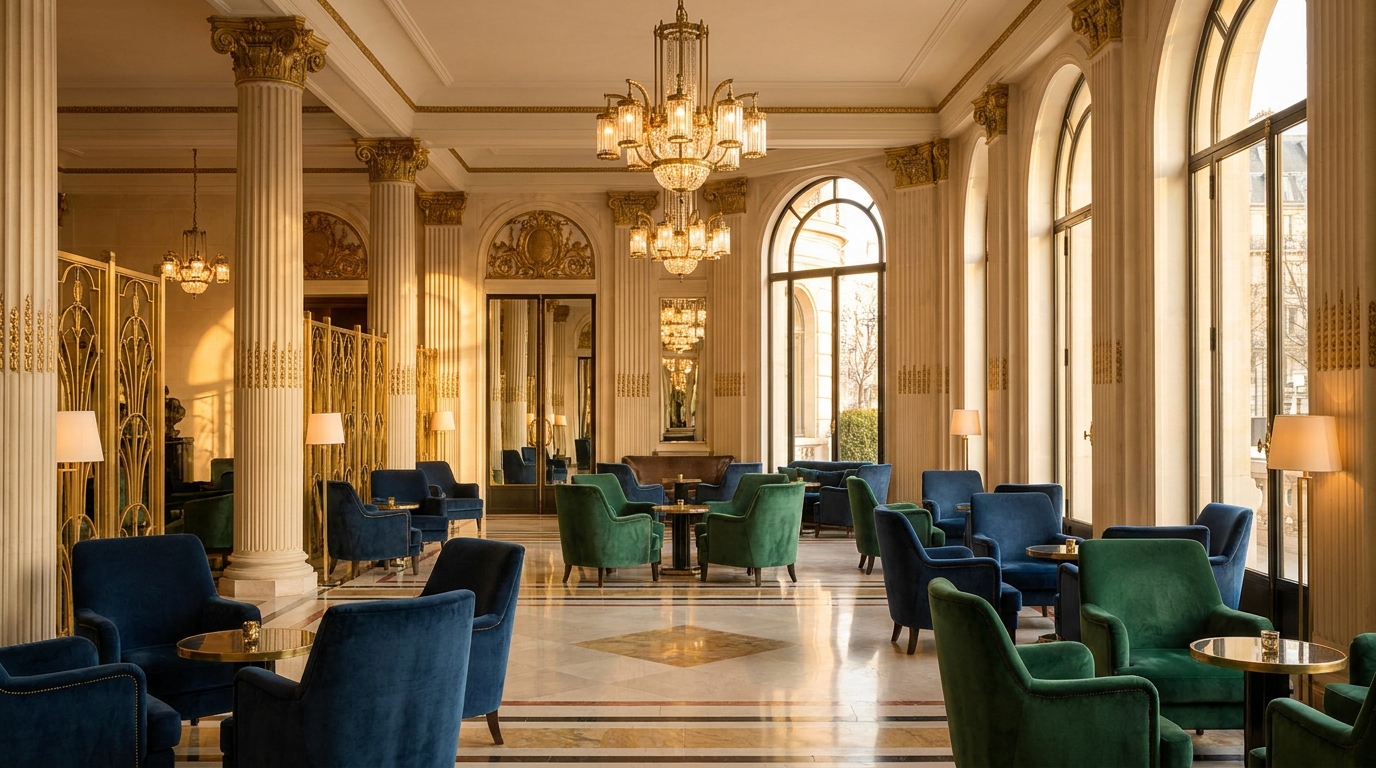 Hall Art déco d'un palace parisien aux lustres géométriques et sols en marbre