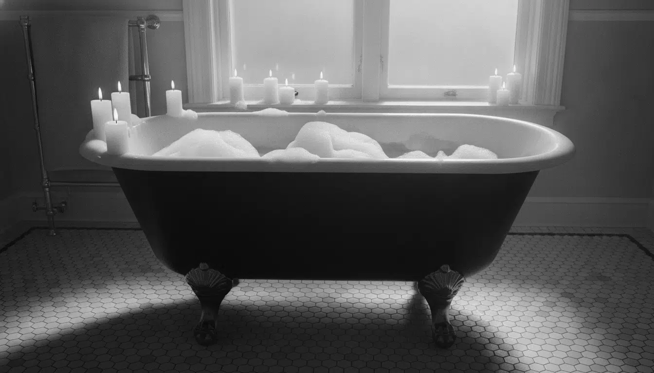 Scène de bain artistique en noir et blanc avec bougies et baignoire ancienne
