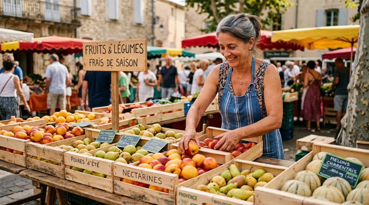 Étal de marché français avec nectarines, poires et melons