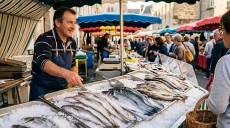 Étal de poissonnier avec merlan, bar et lieu noir sur glace
