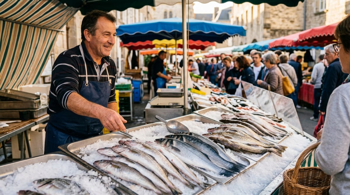 Étal de poissonnier avec merlan, bar et lieu noir sur glace