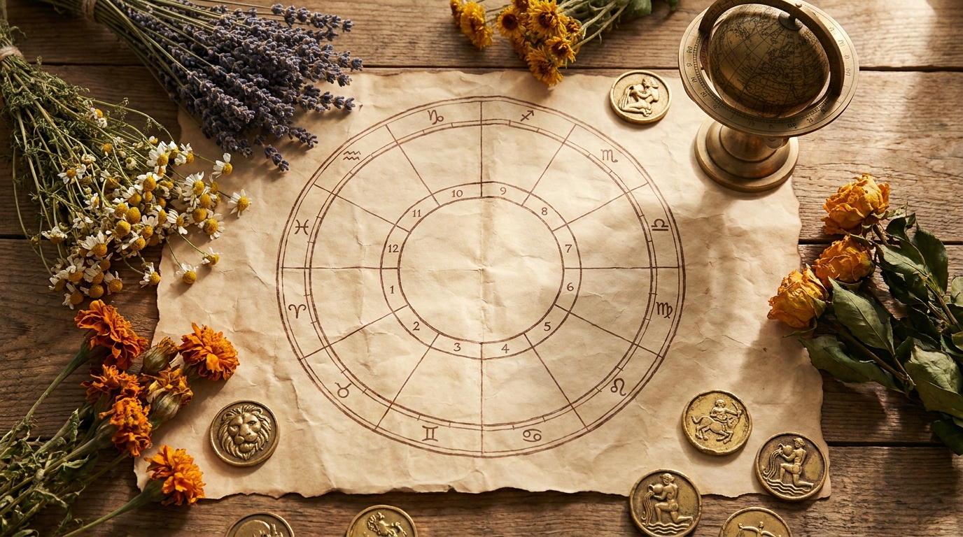 Carte astrologique avec symboles du Lion et du Verseau