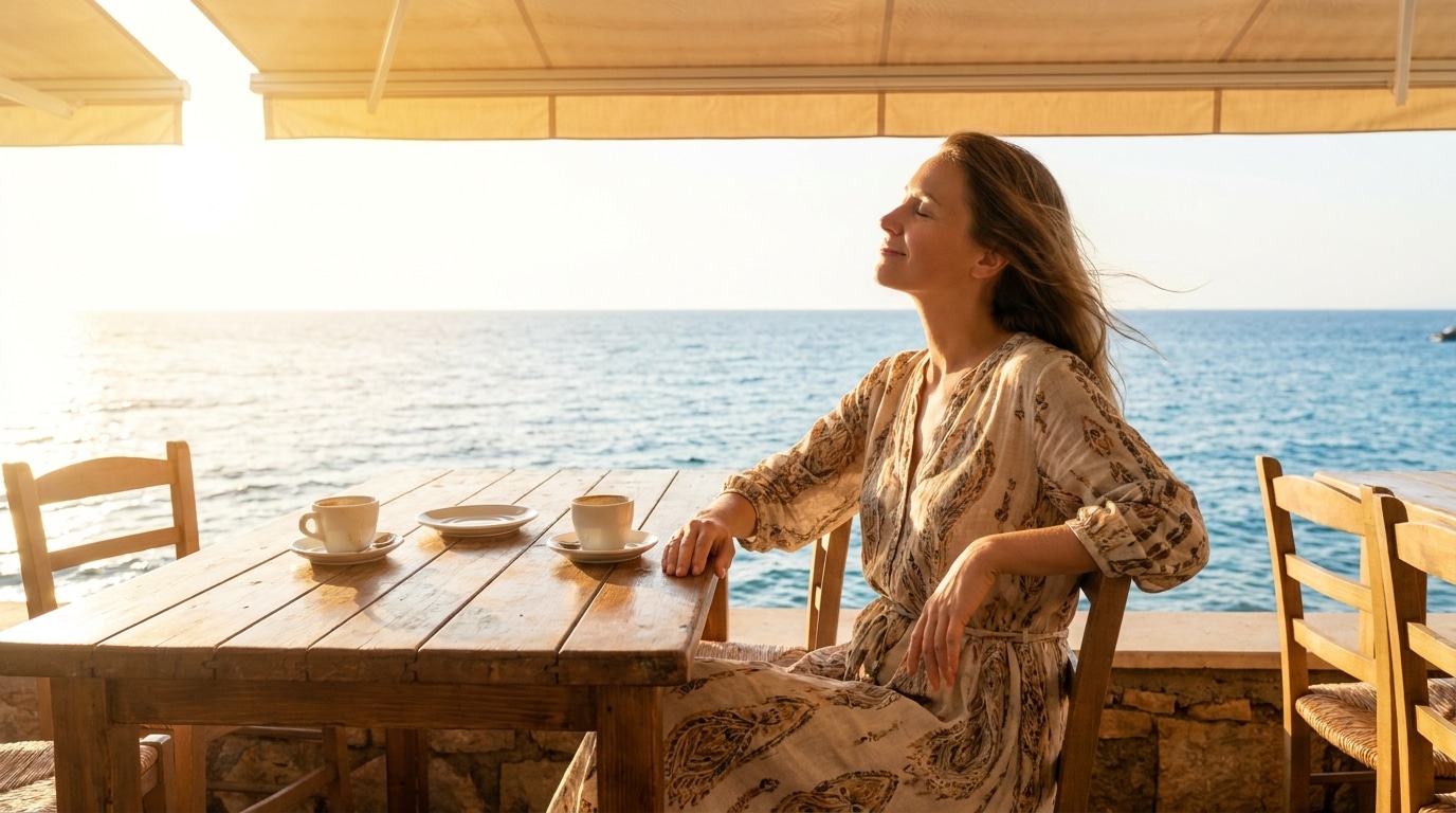Femme sereine sur une terrasse ensoleillée face à la mer