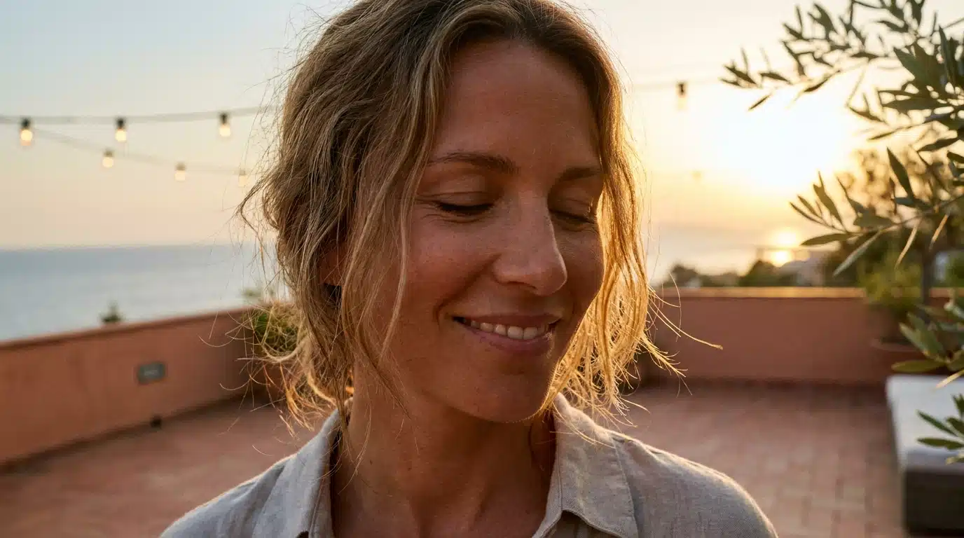 Visage de femme souriant baigné de lumière dorée estivale