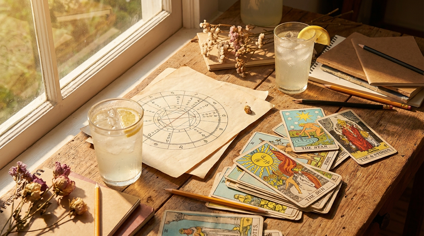 Carte astrologique ouverte sur un bureau baigné de lumière estivale