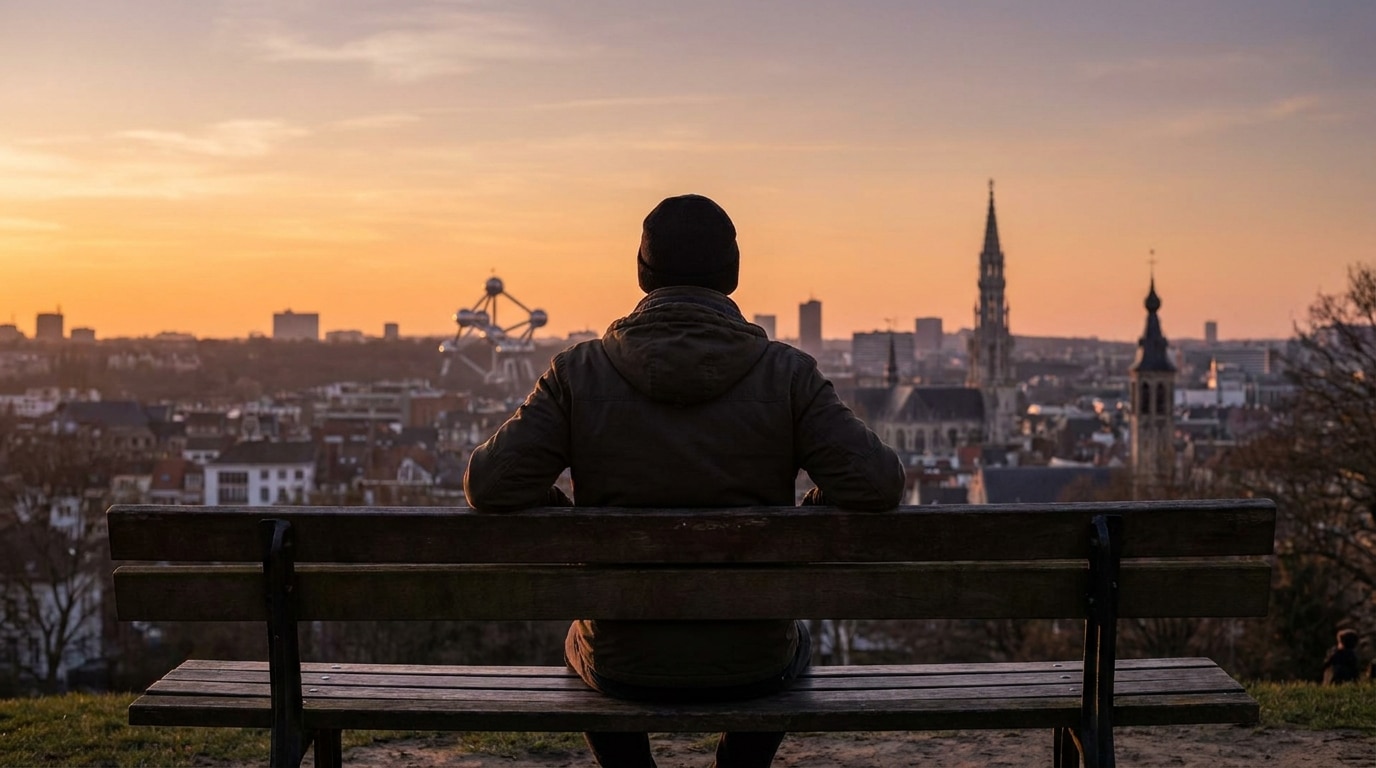Silhouette contemplant le panorama de Bruxelles au coucher du soleil