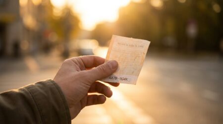 Ticket de loterie tenu entre deux doigts avec code visible