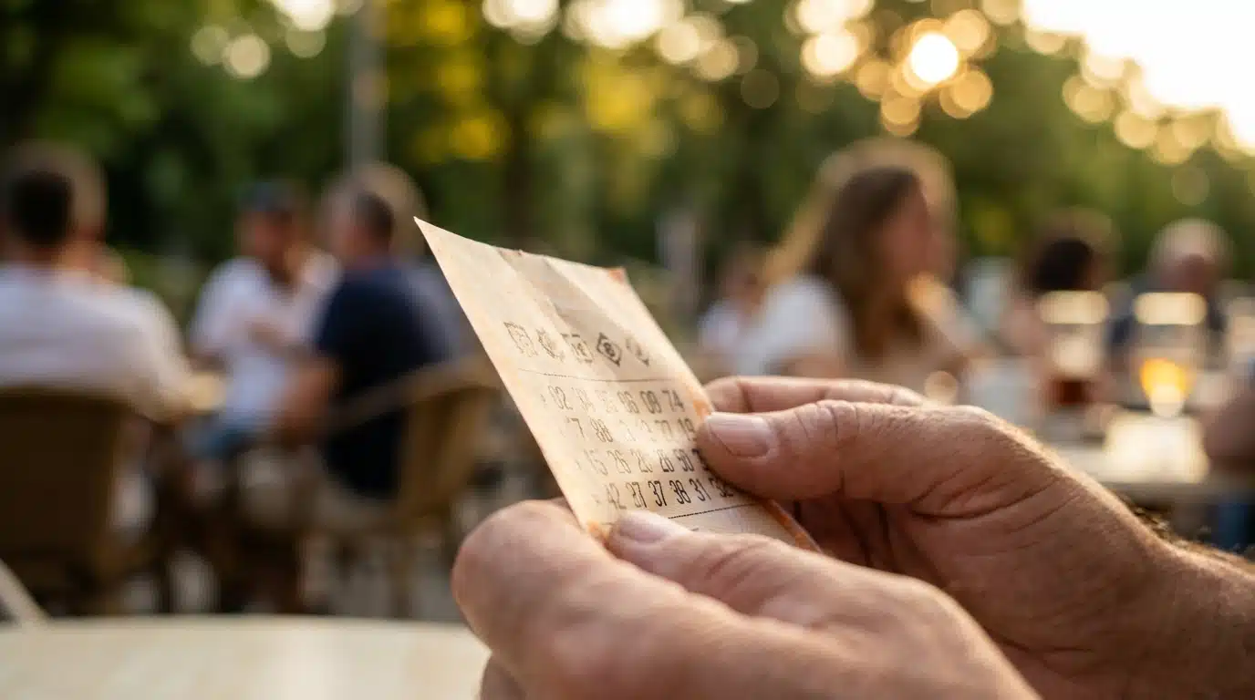 Main tenant un ticket de loterie EuroMillions en soirée