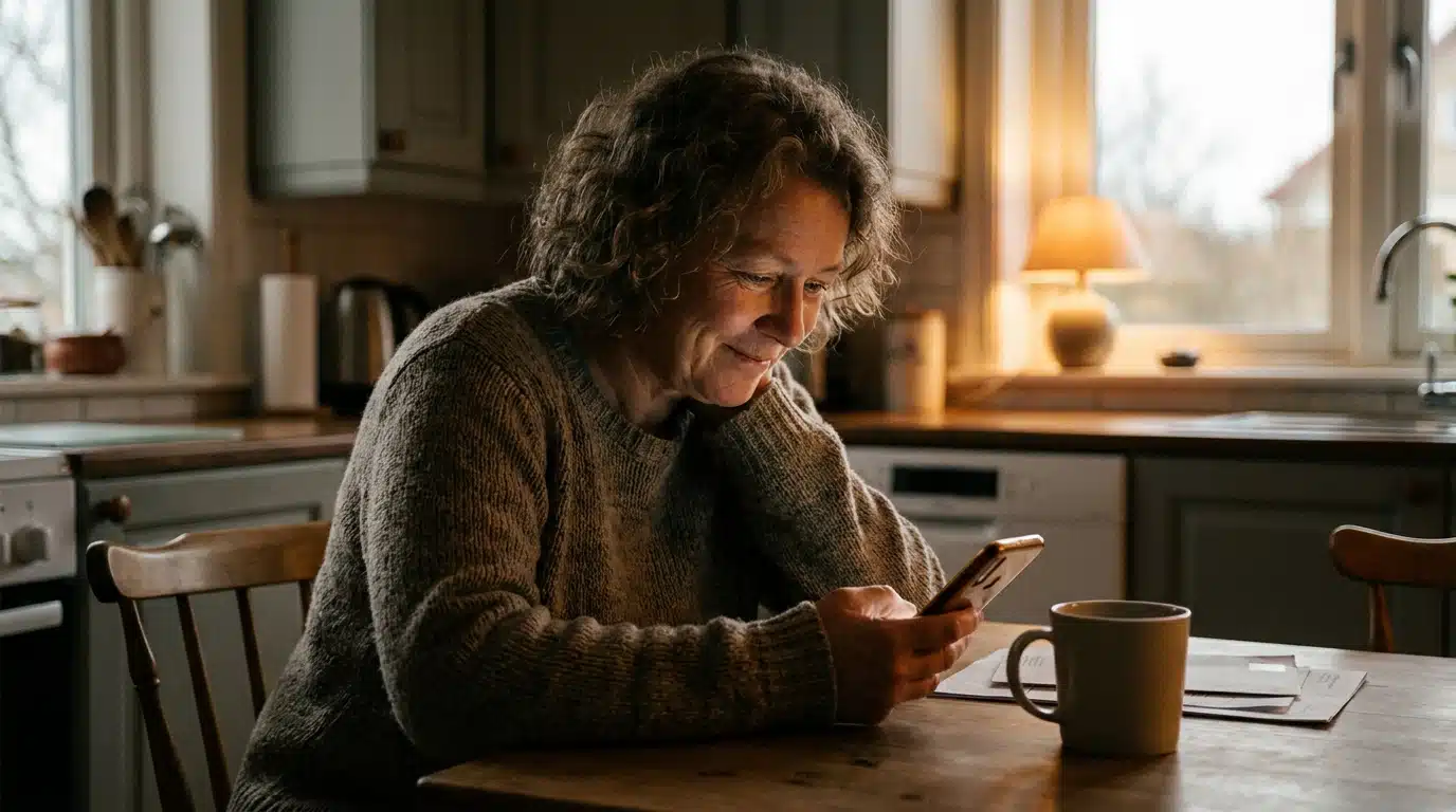 Personne regardant son téléphone avec espoir à table