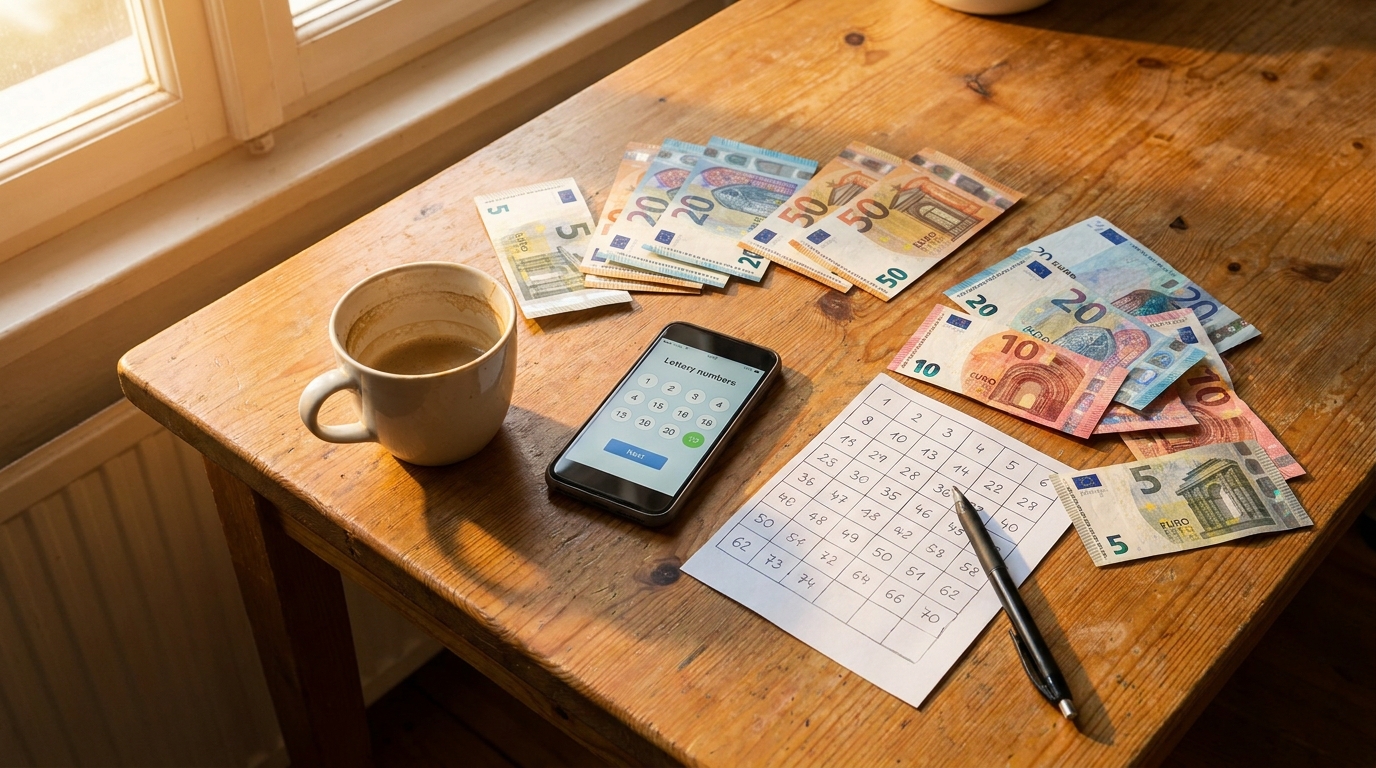 Table avec billets en euros, smartphone et grille de jeu