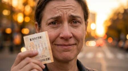 Personne tenant un ticket de loterie avec un regard plein d'espoir
