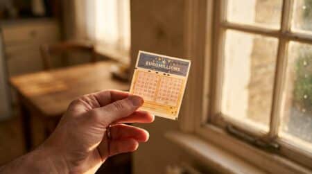 Main tenant un ticket de loterie dans la lumière dorée