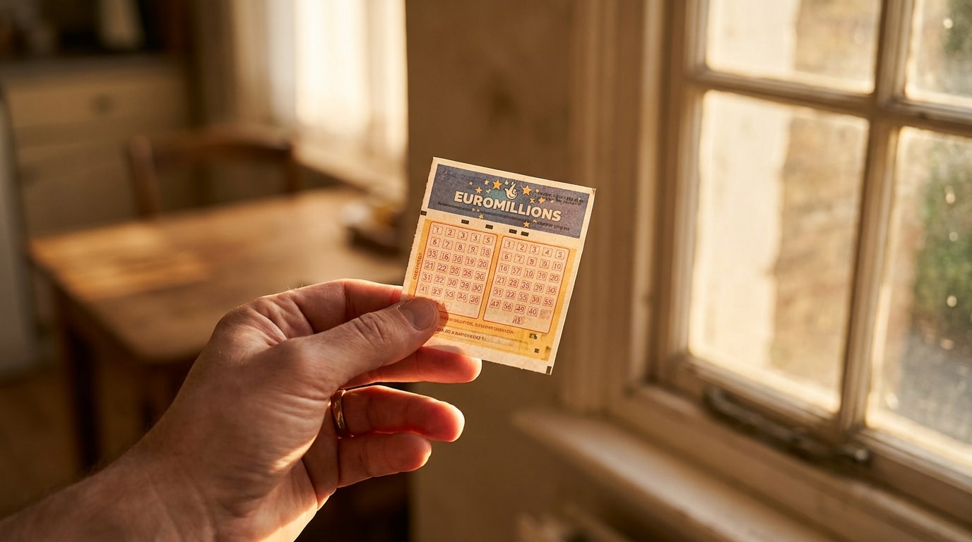 Main tenant un ticket de loterie dans la lumière dorée