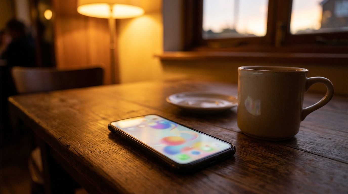 Smartphone posé sur une table à côté d'une tasse de café