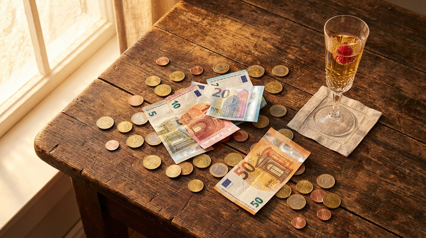 Pièces et billets en euros éparpillés sur une table