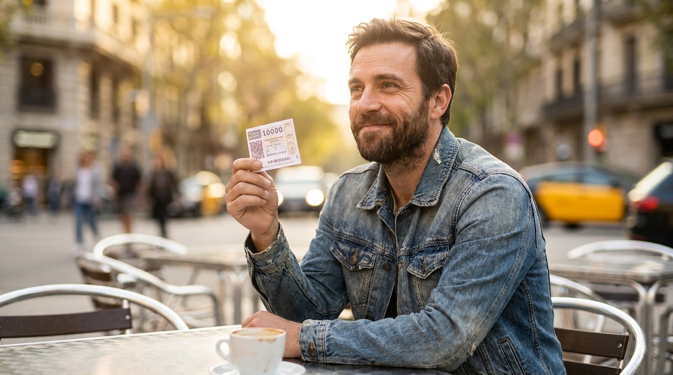 Homme souriant tenant un ticket de loterie en terrasse