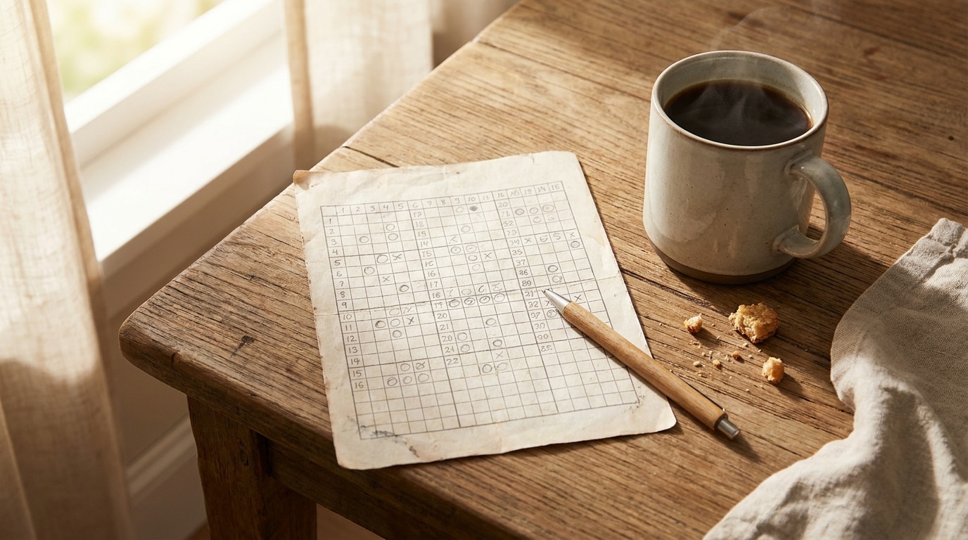 Grille de loterie posée sur une table à côté d'un café