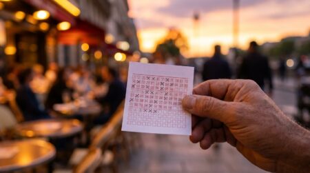 Main tenant un ticket de loterie EuroMillions en terrasse