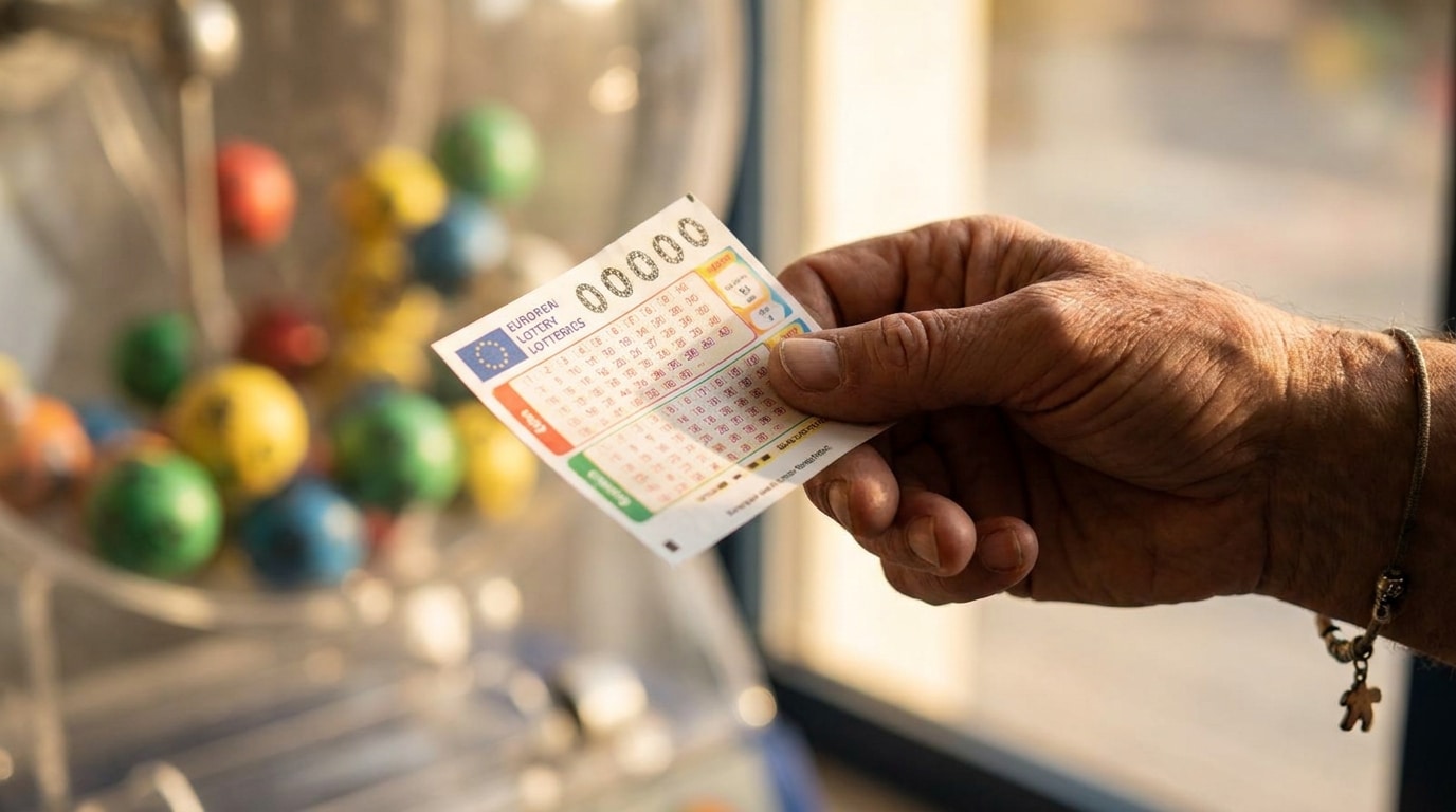 Main tenant un ticket de loterie avec boules colorées en arrière-plan