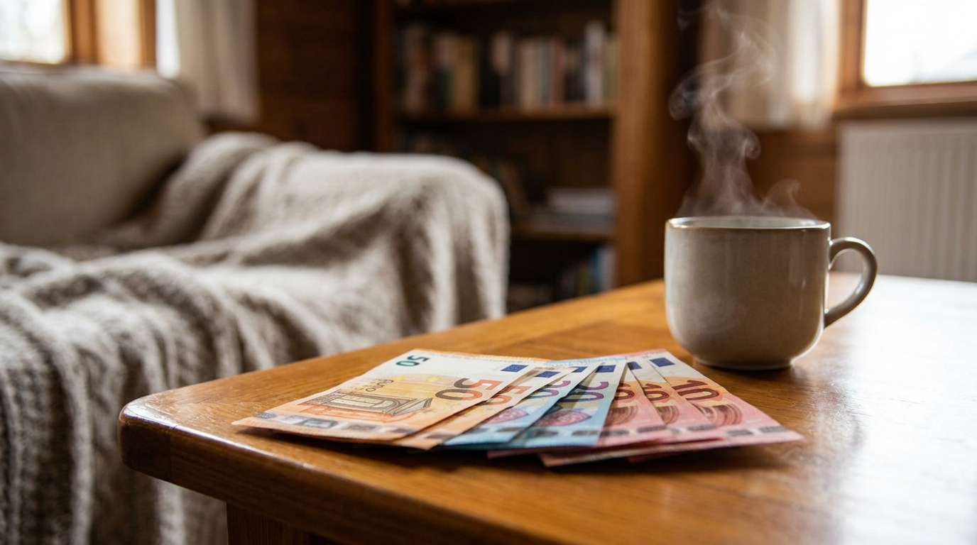 Liasse de billets en euros posée sur une table en bois