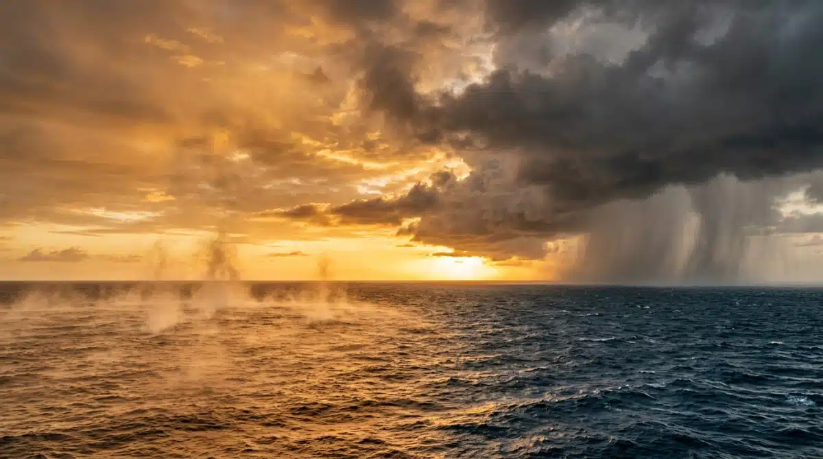 Évaporation et pluie au-dessus de l'océan au coucher du soleil