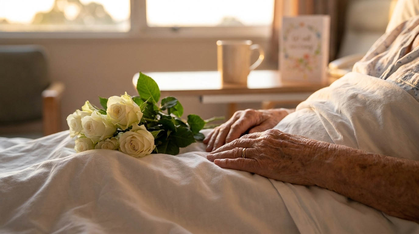 Mains entrelacées sur un drap blanc avec roses blanches