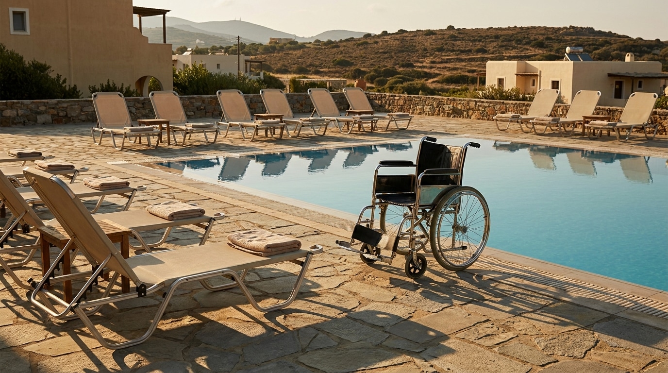 Piscine d'hôtel vide avec un fauteuil roulant au bord