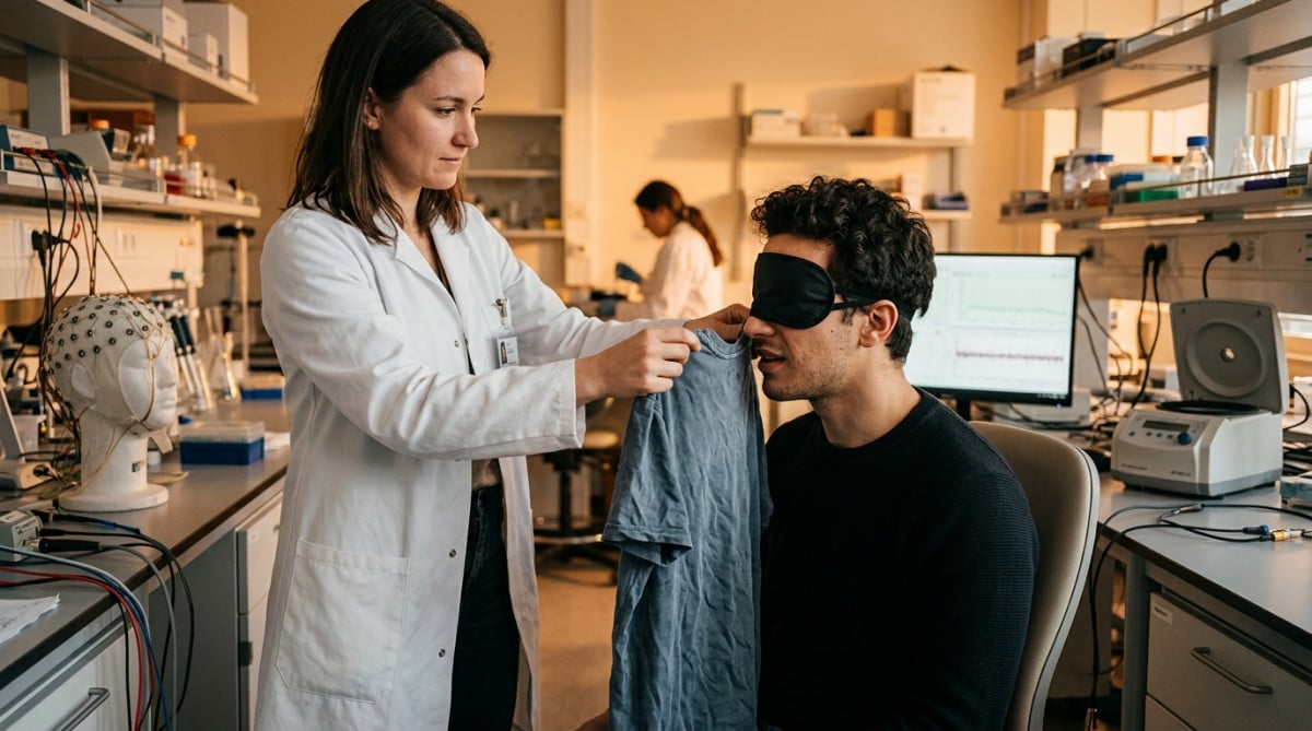 Expérience scientifique d'identification d'odeur avec un t-shirt en laboratoire