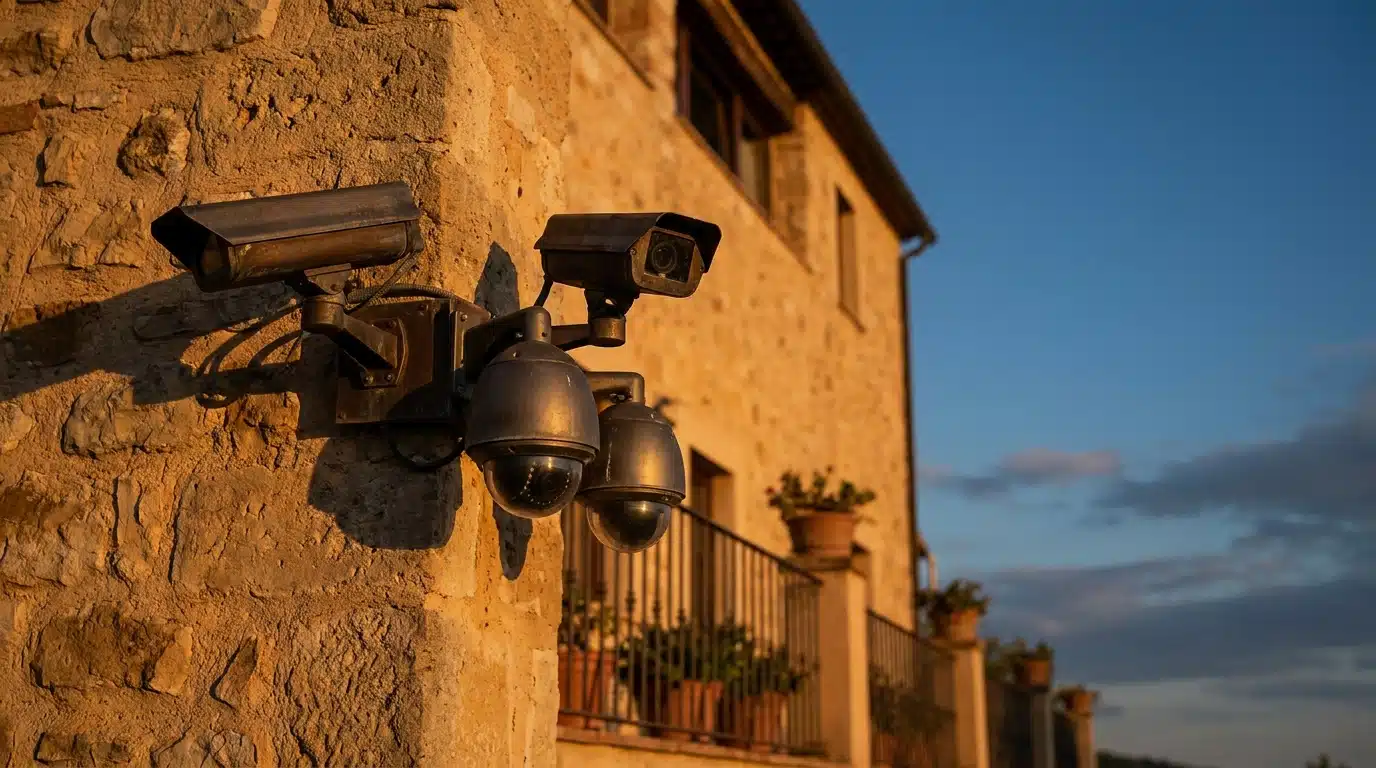 Caméras de vidéosurveillance sur un bâtiment méditerranéen au crépuscule