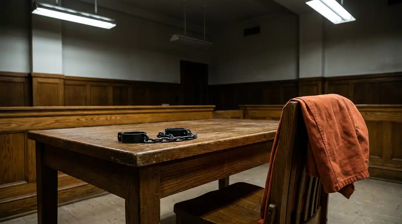 Banc des accusés vide avec menottes dans un tribunal américain