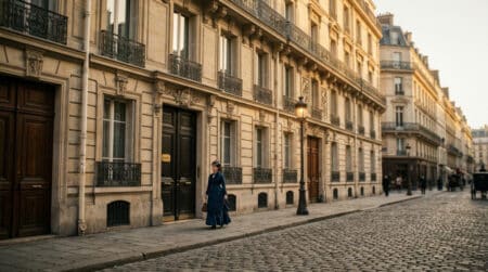 Façade d'immeuble haussmannien avec plaque Entrée sur la porte